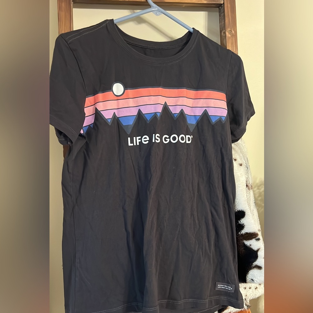 Life Is Good Black Tee with Sunset Graphic